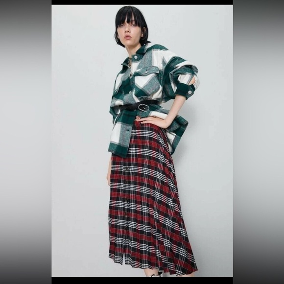 ZARA Plaid Button Down Midi Skirt Sz S Black Red Punk Chic Rock NWT - Picture 4 of 9